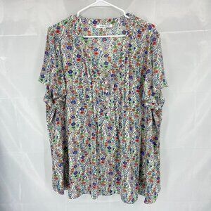 Rose & Olive Women 2X Floral Blouse Tunic Top Pleated Short Sleeve Flowy Shirt